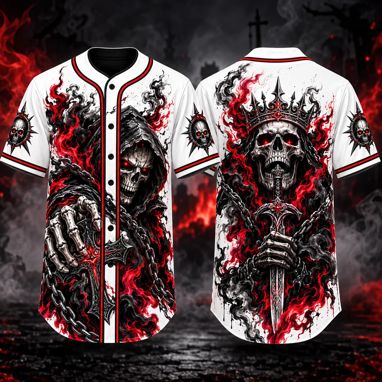 Gothic Skull Baseball Man Shirts 3D Red Flame Print Short Sleeve Button Down Jersey Halloween Horror Streetwear Cosplay Party