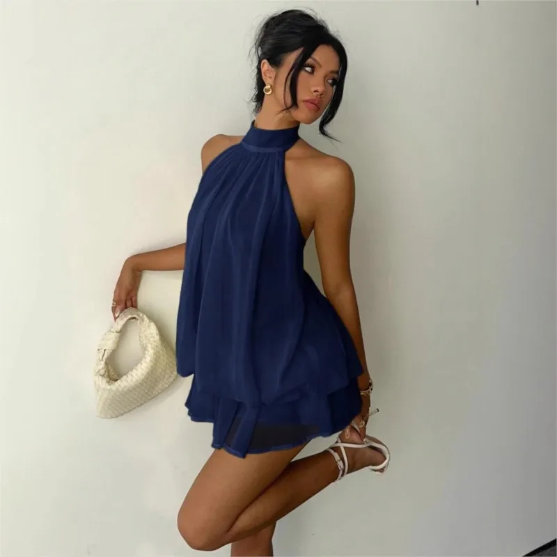 Mini Vestidos 2026 Woman Dress Vestido Dresses Temperament Hot Girl Style Neck Halter Backless Slim Ruffles Sleeveless Fashion