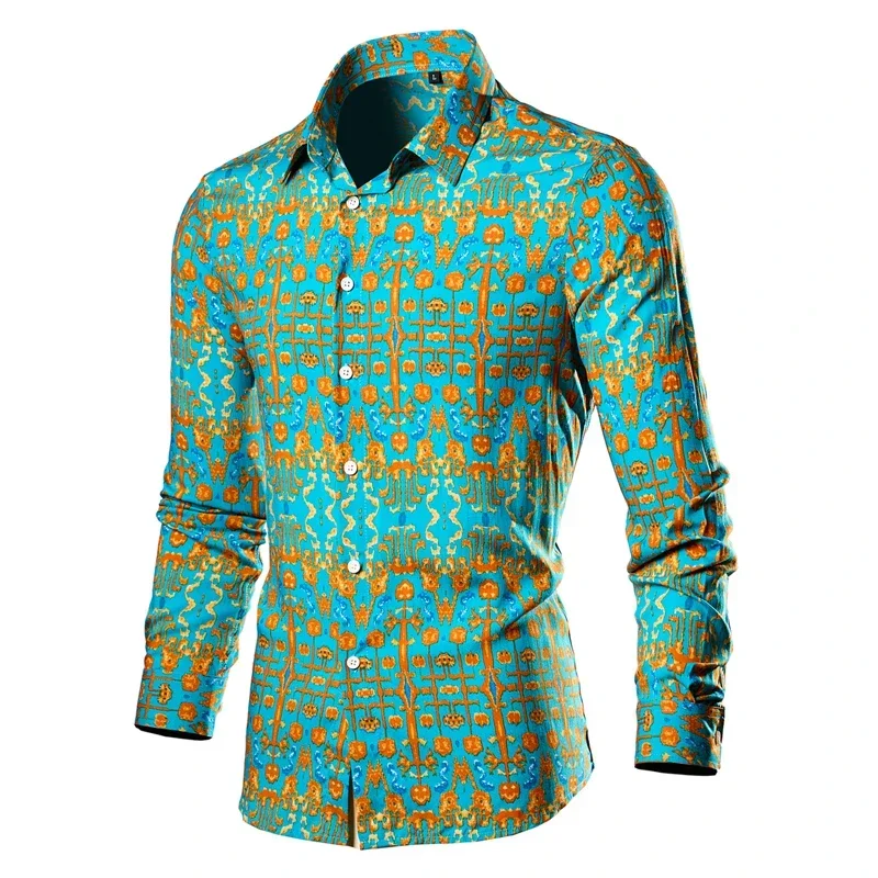 2025 New Men's Printed Long Sleeve Shirt, Single Breasted Lapel Shirt, Green, Black, White, Casual Shirt Asia Size M-6XL