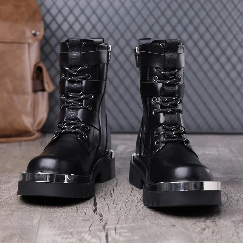 

Fashion Men's Shoes Large Size Punk High Top Boots Designer Belt Buckle Metal Side Zipper Men Boots High-quality Motorcycle Boot