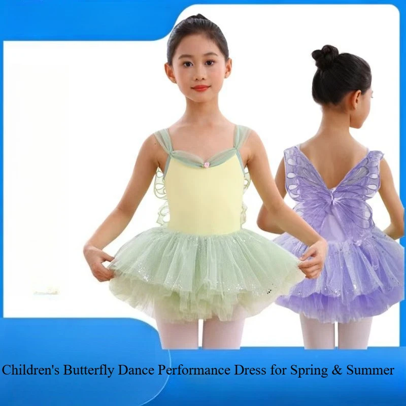 

Children's Ballet Leotard & Tulle Skirt Set - Girls Summer Suspender Practice Outfit, Kids Butterfly Performance Dance Dress