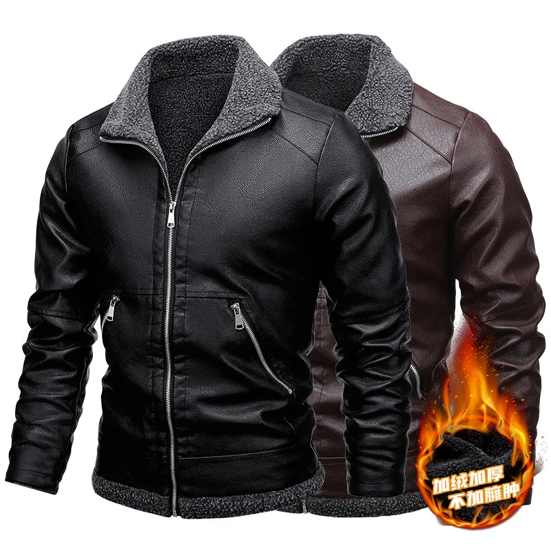 Mens Winter Motorcycle Leather Jackets Mens Trend Casual Slim PU Leather Bomber Coats Street Outdoor Thicken Fleece Warm Outwear