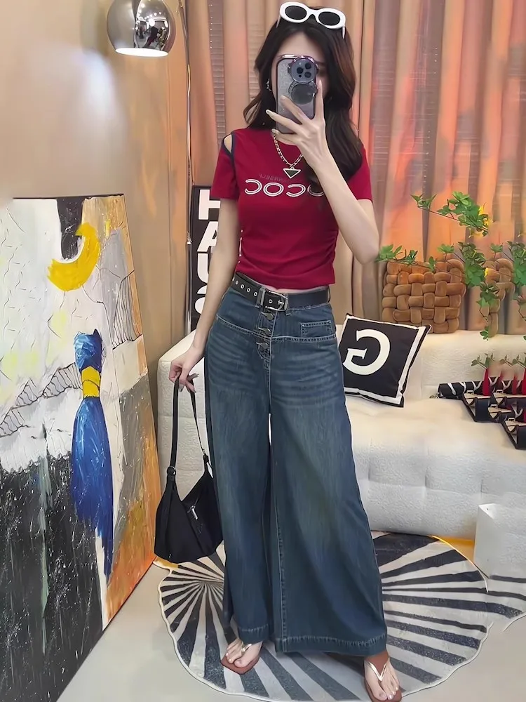 High Waist Wide Leg Jeans Women's Loose Fitting Floor Length Straight Cut Denim Pants Spring Autumn New Style Design Sensation