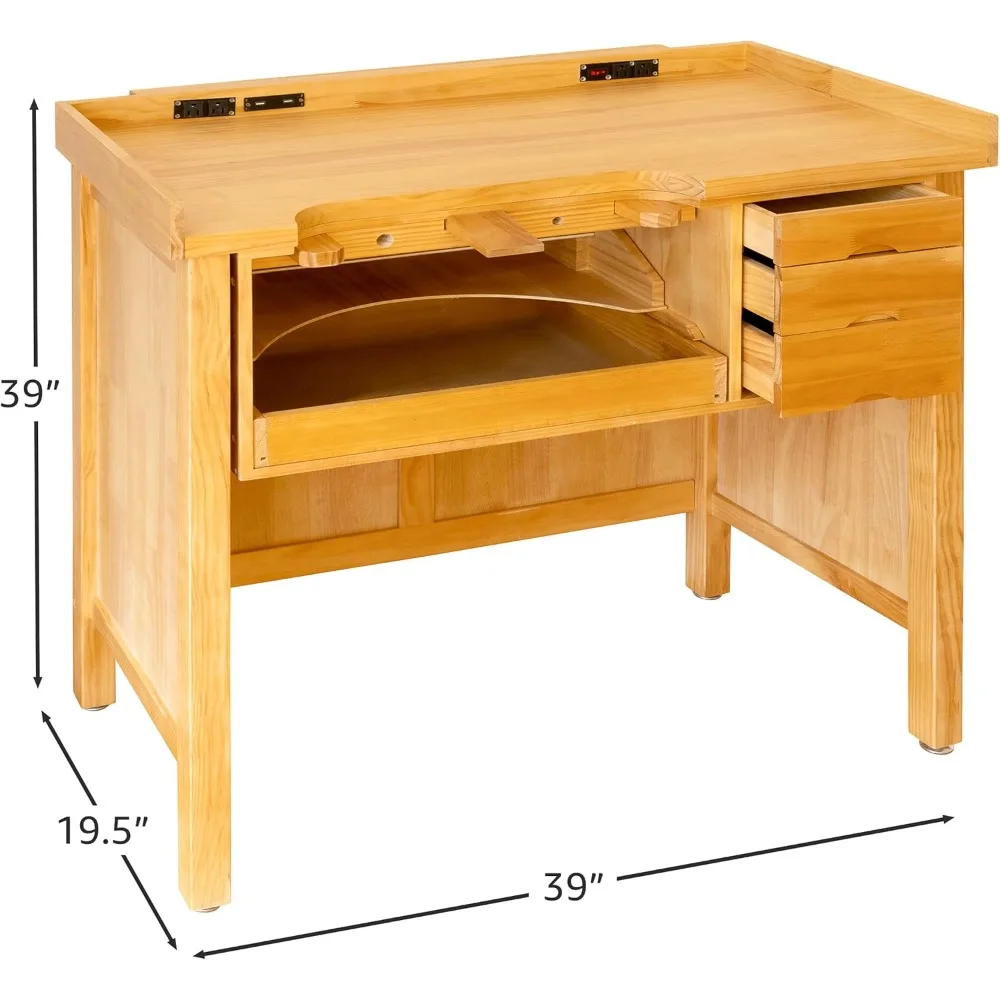 Fine Wood Smart Jewelers Bench - Wooden Workbench with Drawers, Solid Wood Top, Power Outlets and USB Ports