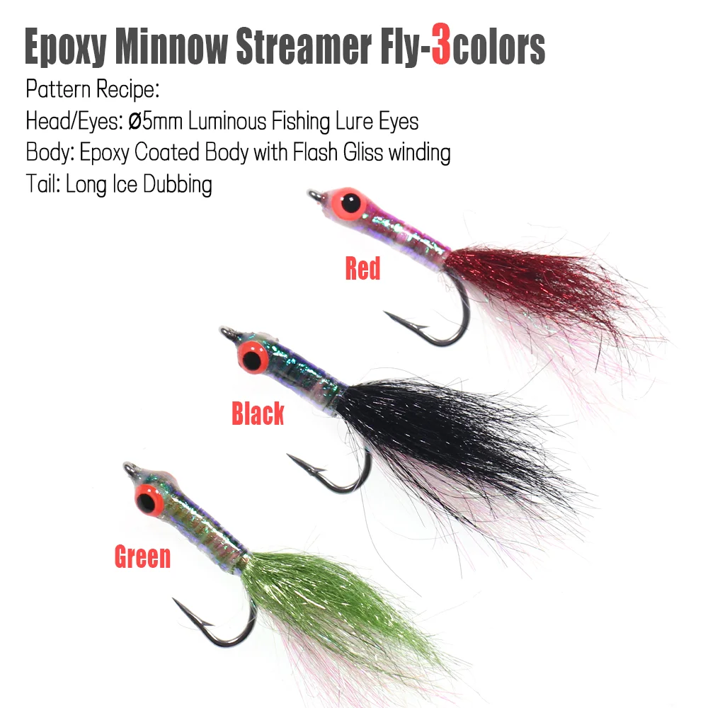 6pcs Luminous 3D Fish Eye Epoxy Minnow Fly Stainless Steel Hook Ice Dubbing Tail Saltwater Streamer Trout Bass Fishing Lures