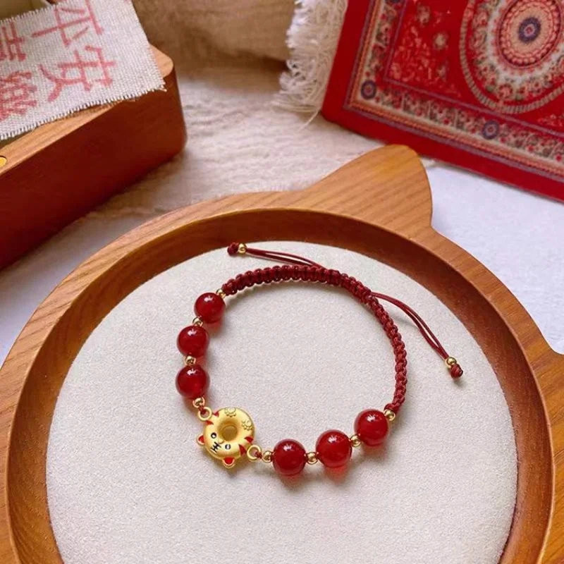 Direct Supply Red Agate Gold Obsidian Couple Lucky Beads Bracelet Woven Good Luck Animal Year Red Carrying Strap Tiger