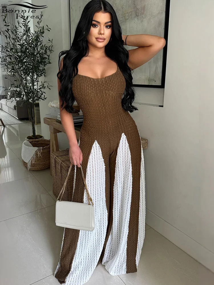 Bonnie Forest Elegant Patchwork Knitted Wide Pants Jumpsuits Women's Sweater Jumpsuits Romper Fitted Overallls Night Clubwear