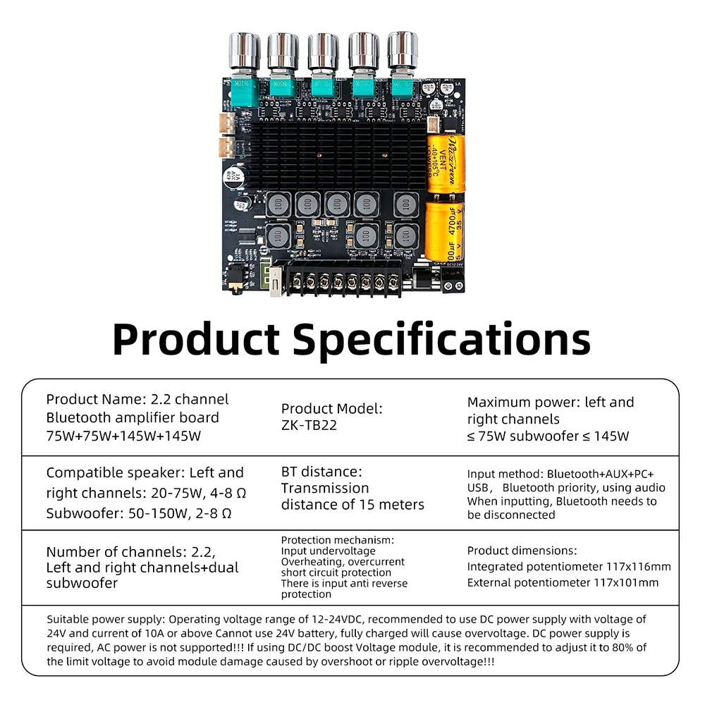 Verbesserte ZK-TB22 2.2-Kanal Bluetooth-Verstärkerplatine, Dual 145W Subwoofer, digitales Leistungsverstärkermodul für Heim- und Auto-Audio – Detail 14