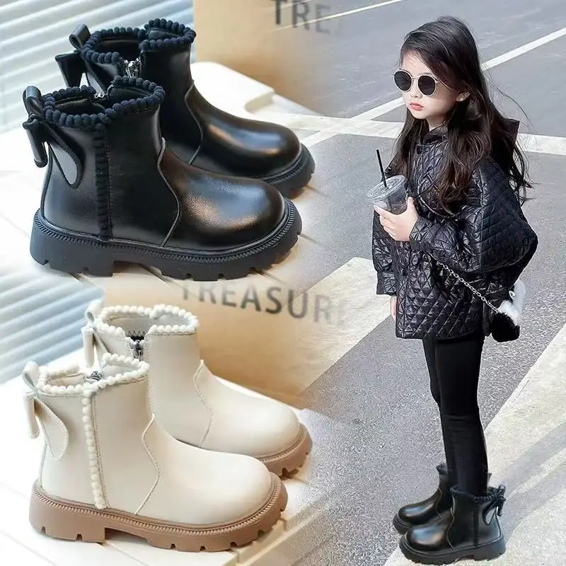 

Fashion Bow Warm Plush Girl Boots for Children's Snow Boots Child Girl Winter Leather Non-slip Shoes Big Kid Autumn Boots 26-36