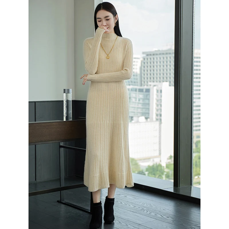 DjzDsm Autumn/Winter New 100% Wool Women's High Quality Thick Drawstring Knitted Long Skirt Solid Color Lazy Style Simple Skirt