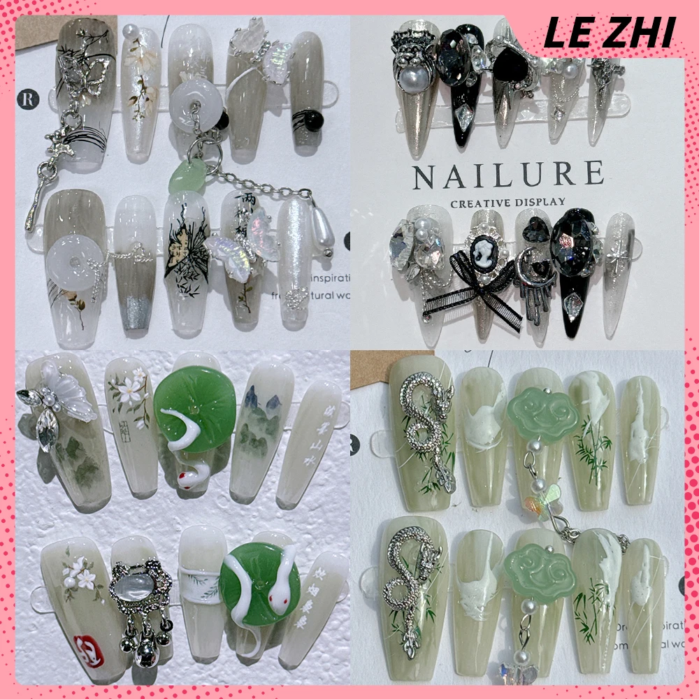 

New Chinese Style Snake Bamboo Handmade Long Coffin Press On Nail Flowers Butterfly Rhinestone Pearl Wearable Full Cover Nail