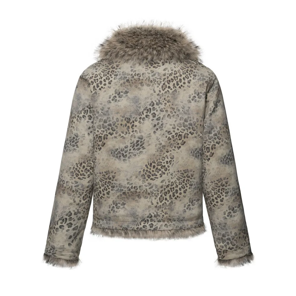 MWJLPWQ Men's Distressed Leopard Print Design Winter Jacket Stand Collar Tie-Up Zip Design Casual Long Sleeve Tops 21346