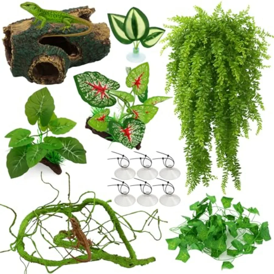 

13 PCS Reptile Reptile Eco Bottle Decoration Set - vines, eco bottle plants, hanging greenery, leaf feeders, lizards, geckos, b