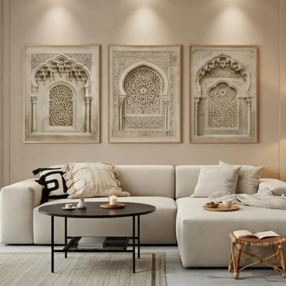 3PCS Framed Moroccan Arch Canvas Wall Art, Vintage Islamic Architecture Prints for Living Room Bedroom Decor