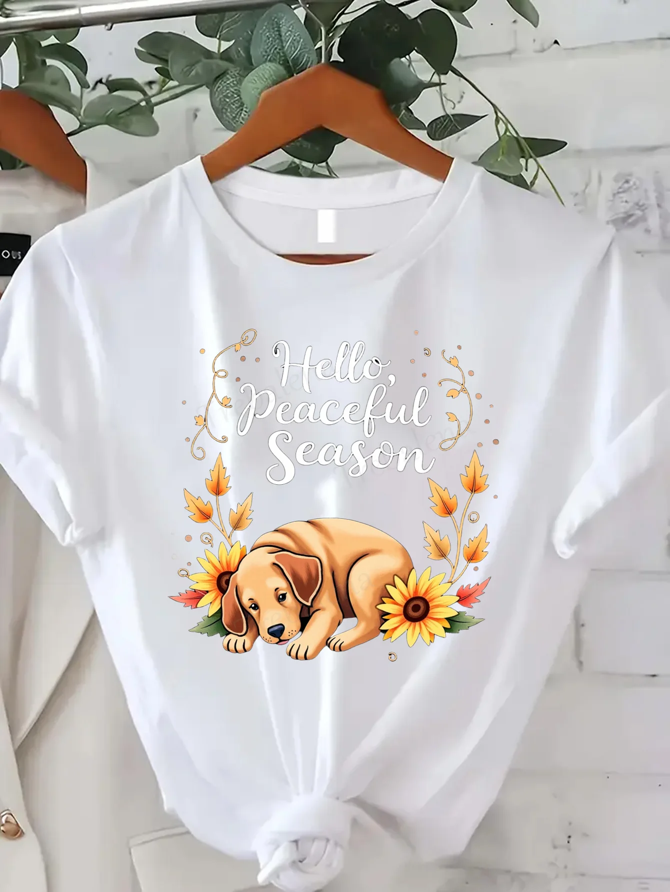 Comfortable Women's Print T-shirt Cute Puppy Sunflower T-Shirt "Hello Peaceful Season" Autumn Fall Style