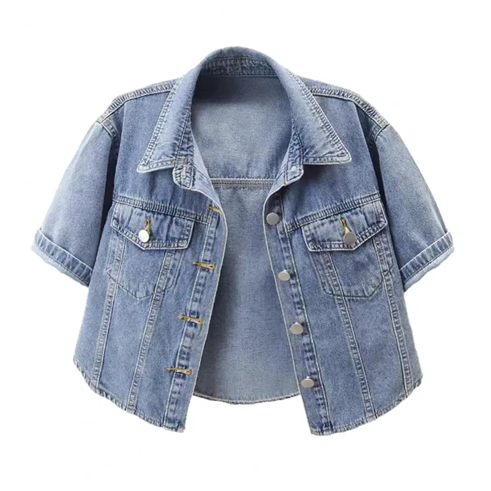 Short Sleeve Denim Shirt Women Denim Jacket Women's Cropped Denim Jacket Lapel Button-down Trucker Coat Summer Short Sleeve Jean
