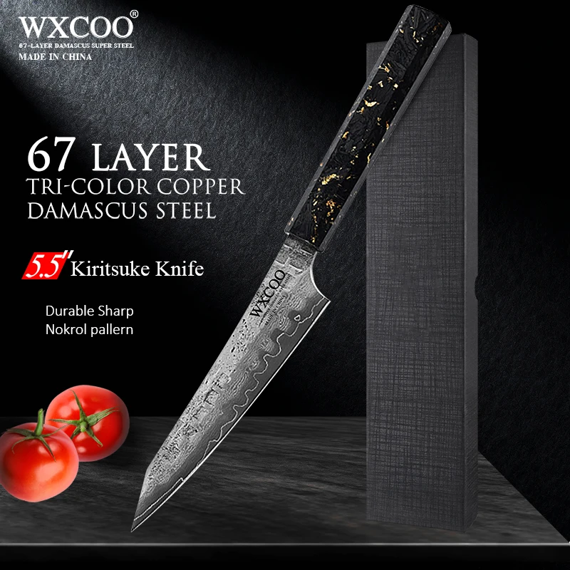WXCOO 5,6 Zoll geschmiedetes Kochmesser, japanisches Kiritsuke-Messer, Kohlefasergriff, handgehämmertes Küchenmesser aus Edelstahl