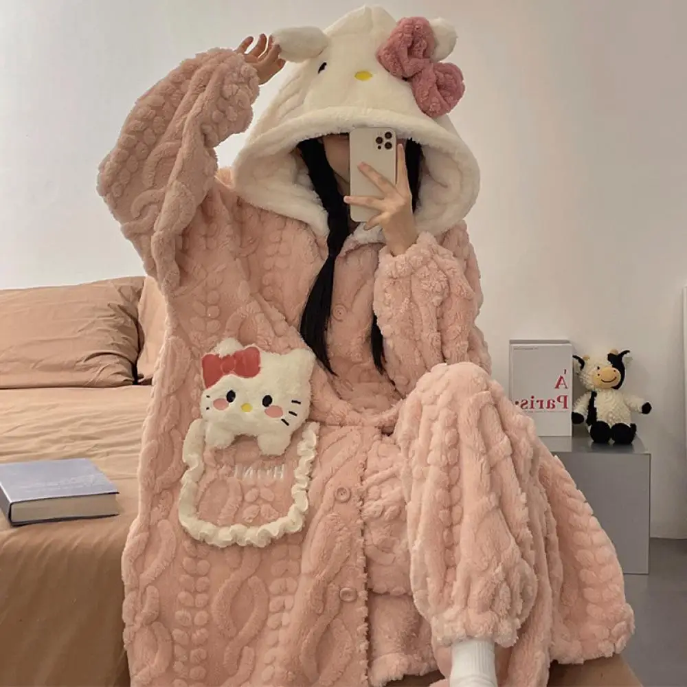 2Pcs Winter New Cartoon Hellokitty Coral Velvet Pajamas Female Sanrio Thickened Plush Homewear Suit Robe Anime Pajamas Home Wear