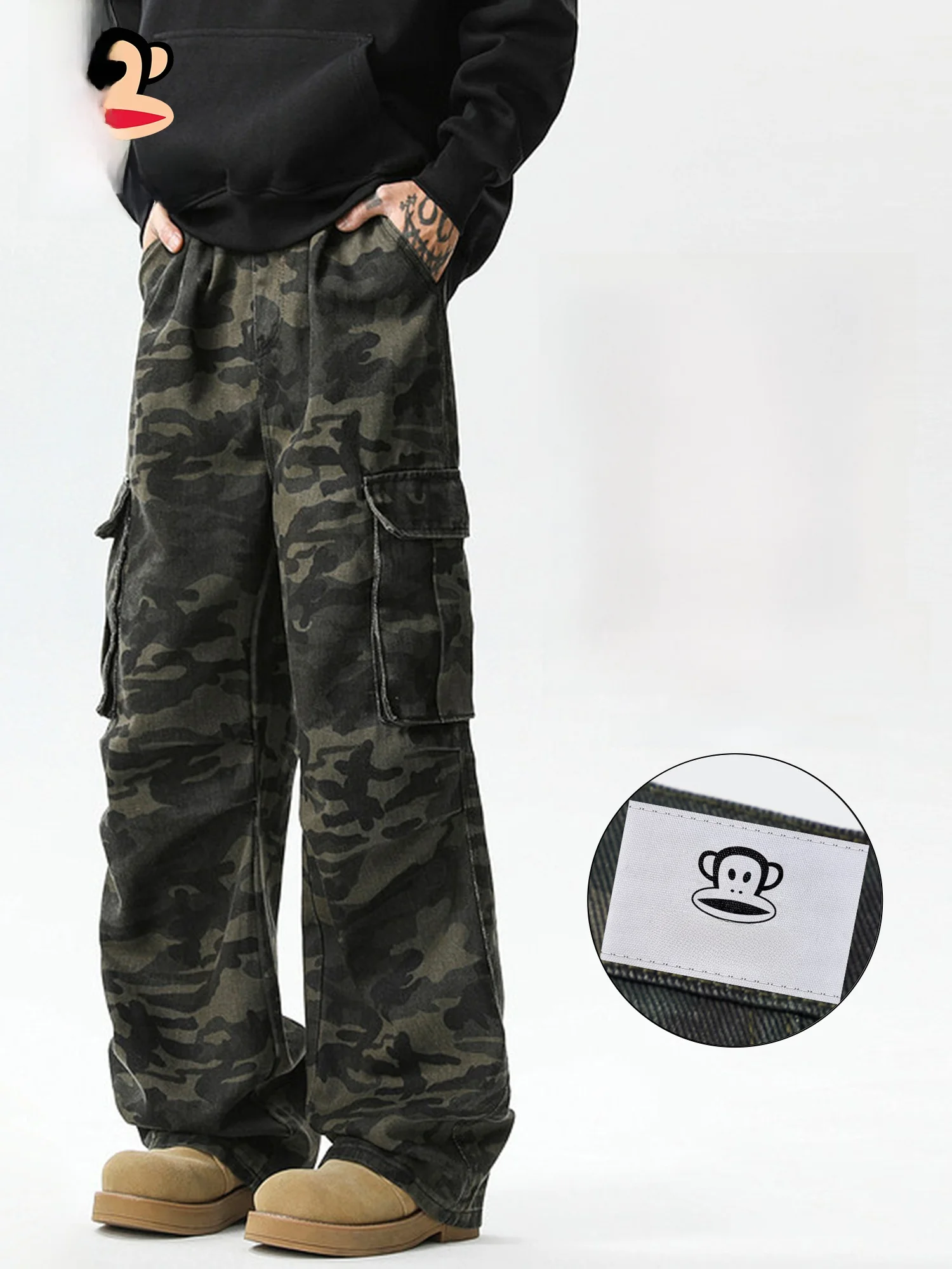 

Джинсы Paul Frank American Style, камуфляжные, рабочие, свободного кроя, широкие штанины, молодежные, повседневные, из хлопкового денима, весна 2026