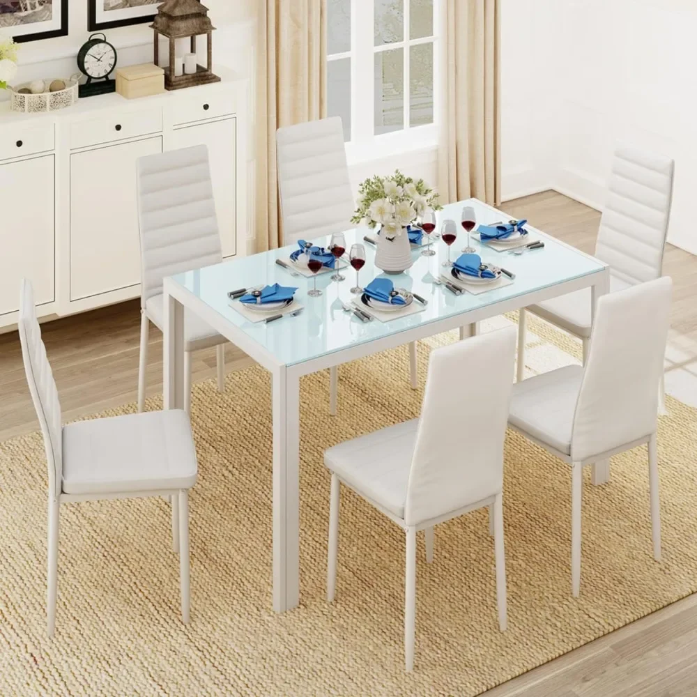 7-piece glass rectangular dining table and chair set, 6 sponge filled chairs, 51.2x27.6x29.5 inches