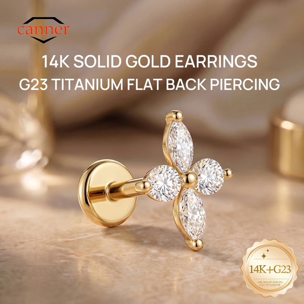 CANNER 1PC 14K Solid Gold Four Leaf Clover Marquise CZ Flat Back Piercing Stud Earring Hypoallergenic Cartilage Jewelry Gift