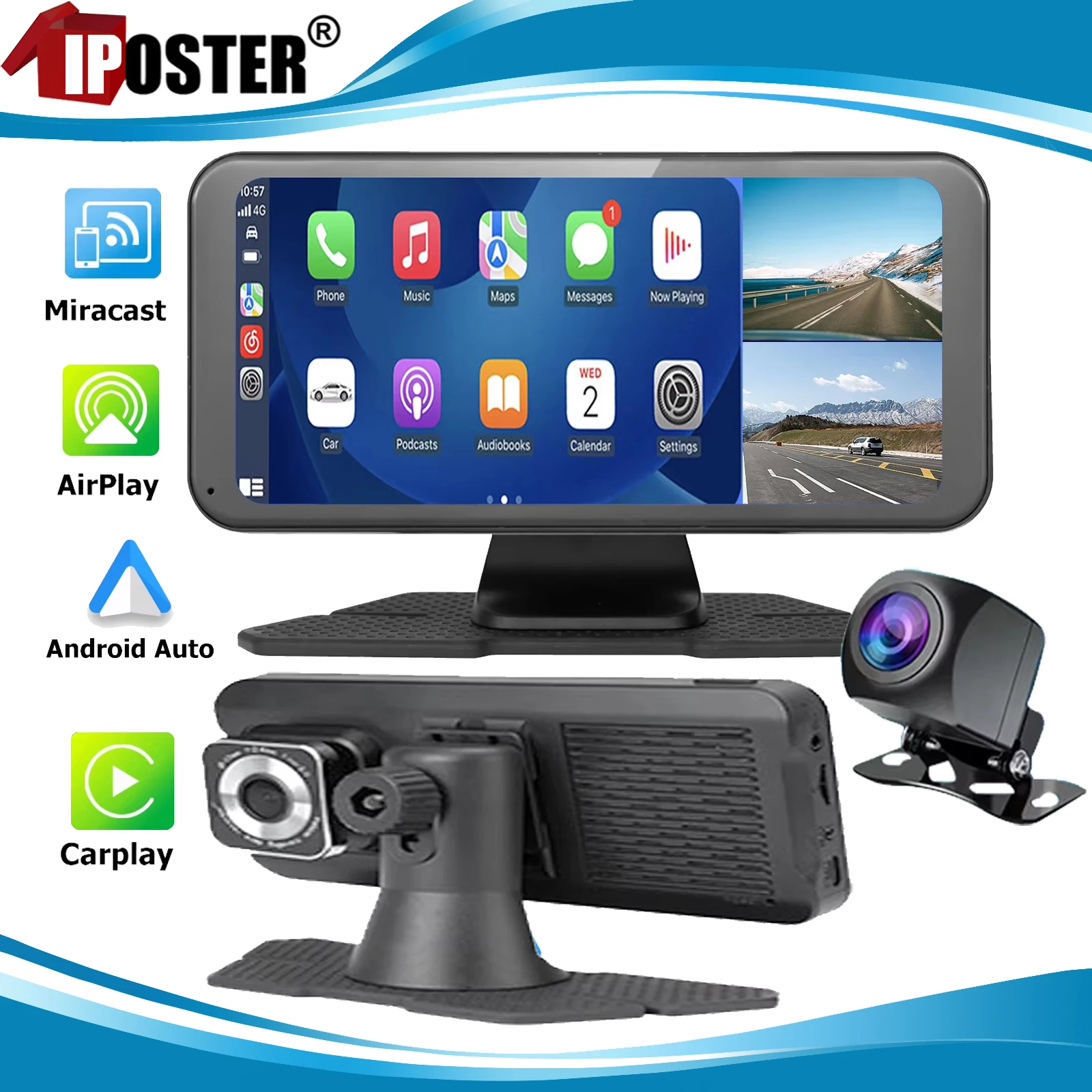 

iPoster 6,25 "Беспроводной CarPlay и Android Auto Airplay Miracast Dash Cam Автомобильный монитор ADAS 2K DVR Dual Dash Cam для внедорожника Грузовика Rv