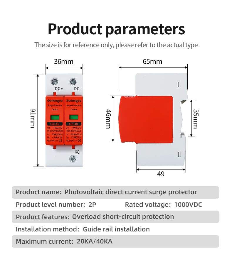 2P DC SPD 20KA 40KA Überspannungsschutzgerät 500V 600V 800V 1000V Spannungsschutz Solar PV Photovoltaik Blitzableiter – Detail 6