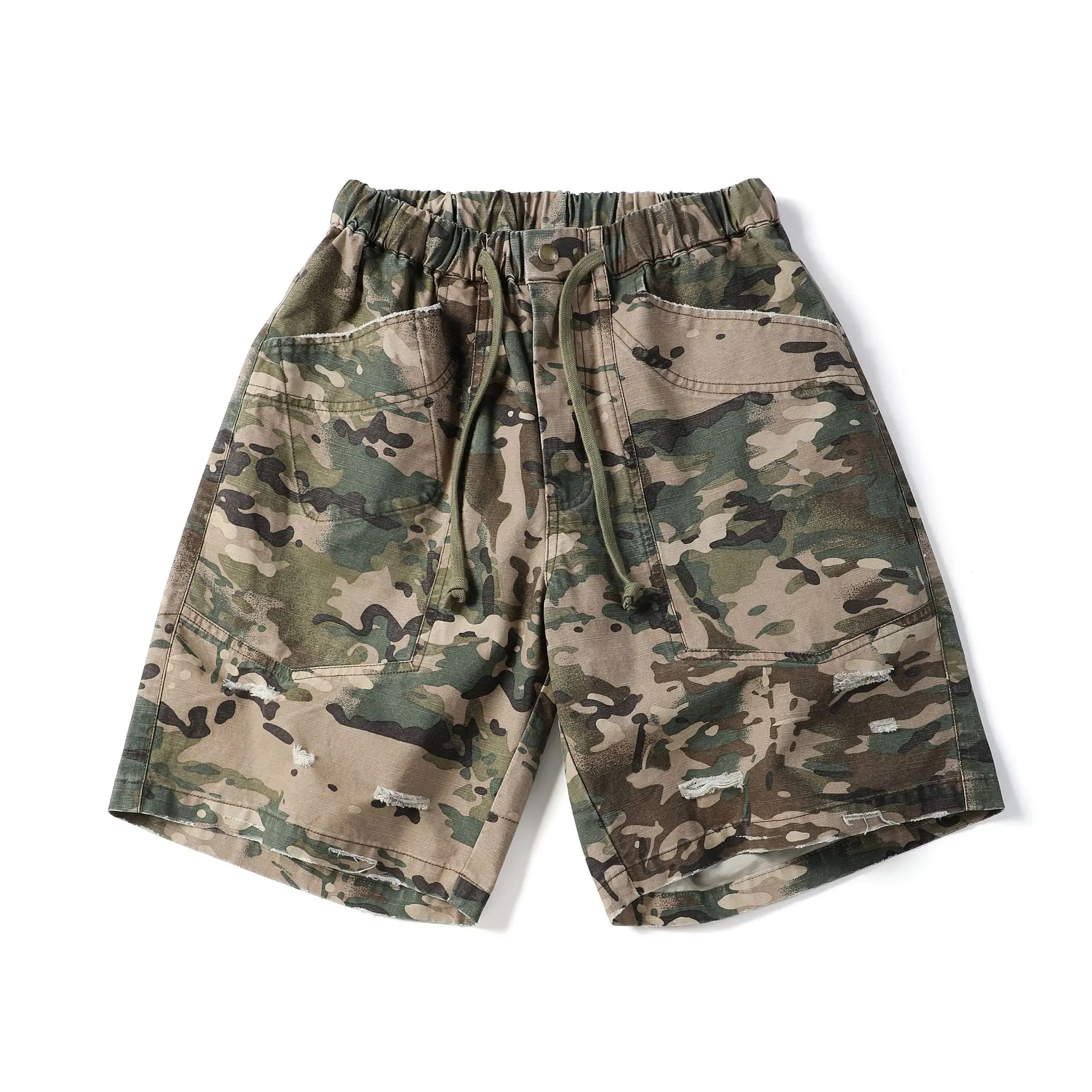Japanese Retro Youth Camouflage Ripped Cargo Shorts Outdoor Breathable Loose-Fit Multi-Pocket Casual Workwear Knee-Length Short