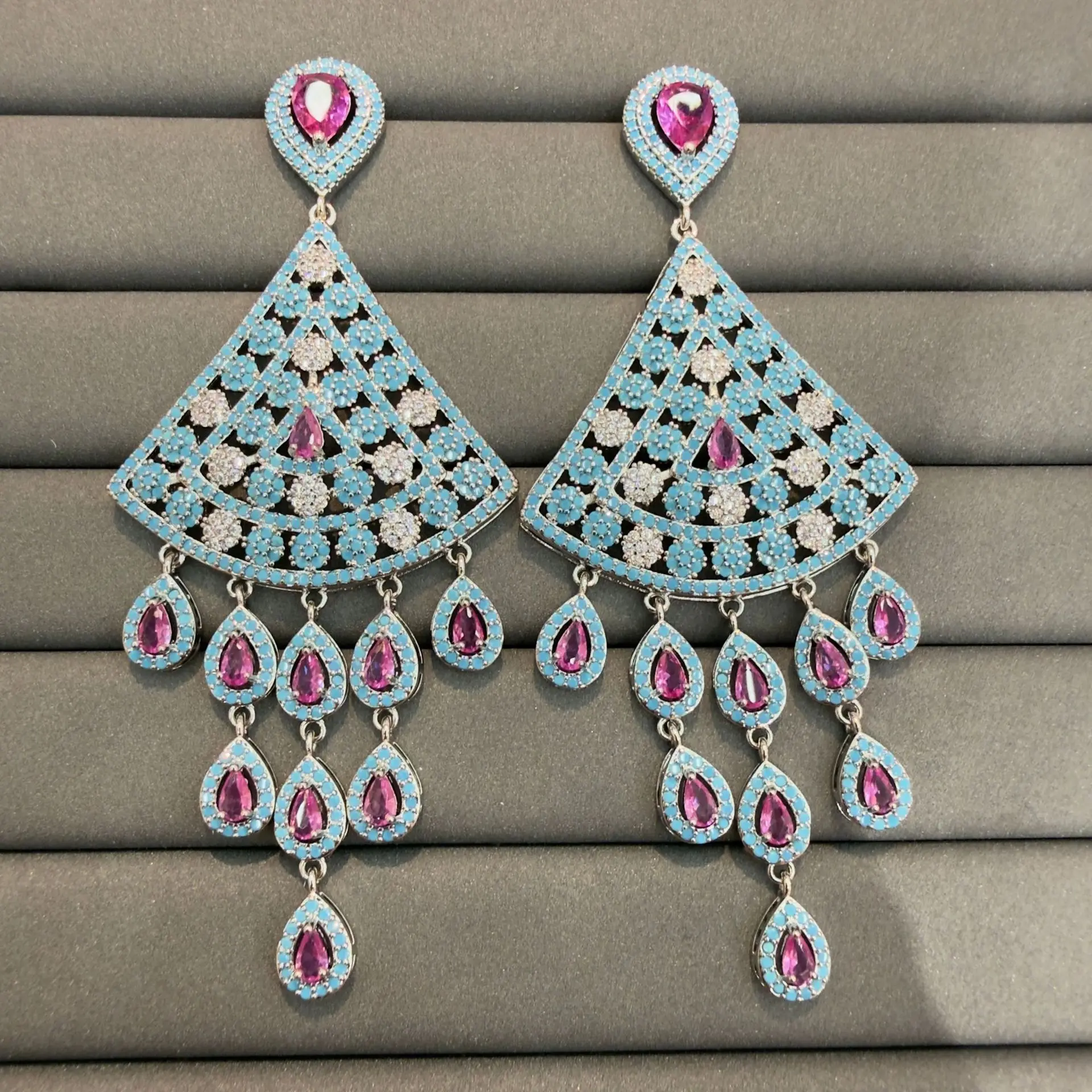 

Luxurious Full Paved Cubic Zirconia Multi Color Fan Tassel Statement Earrings for women shiny Jewelry for Wedding Banquet Party
