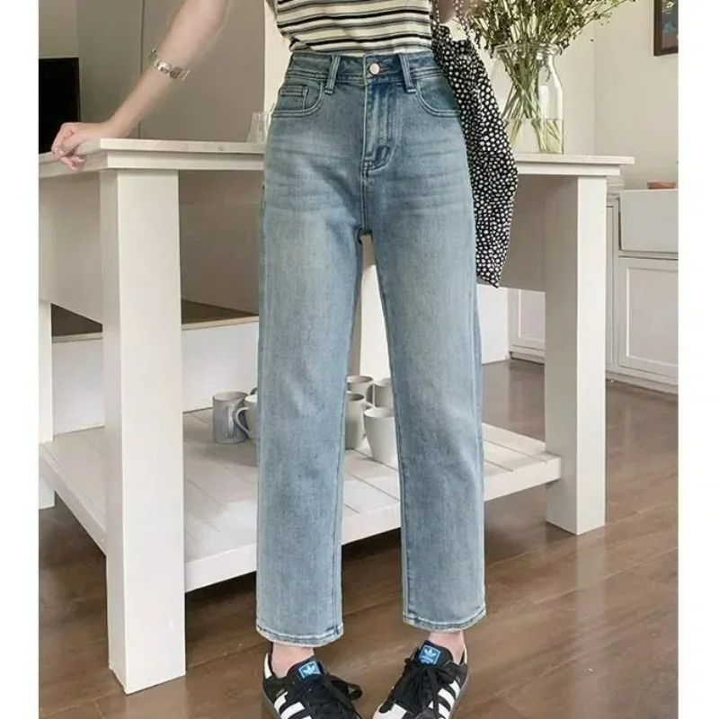 

Женская одежда, корейские модные винтажные потертые джинсы, женские повседневные брюки с высокой талией и карманами, прямые джинсовые брюки до щиколотки, Pantalones