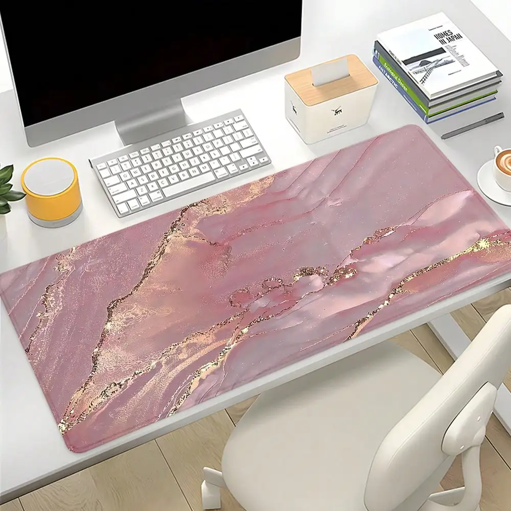 

XXL Pink Marble Gaming Mouse Pad, Gold Extension Design Large Table Pad with Stitching Edges,suitable for Home Office Decoration