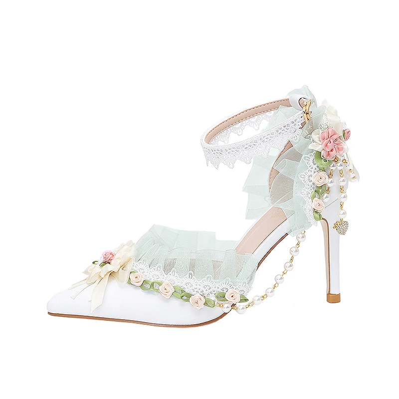 Spring Summer New Flower Wedding Shoes Women Pointed Toe Lace Ankle Strap Sweet Chiffon Flowers Pearl Stiletto High Heel Sandals