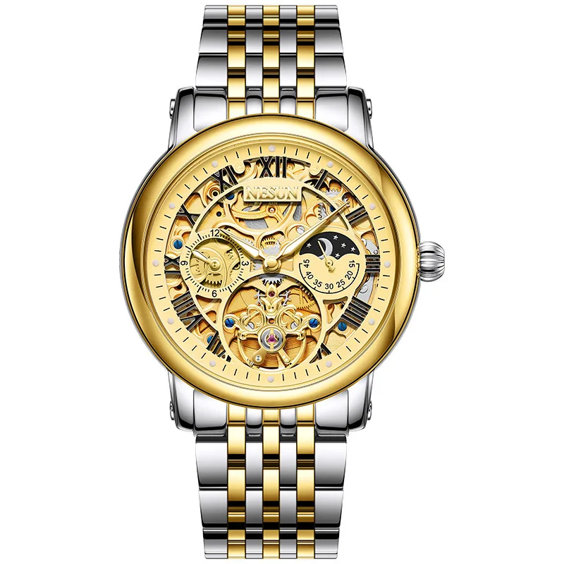 NESUN Luxury Automatic Men's Mechanical Watch Dual Skeleton Moon Phase Luminous Multi-function Clock N9097-S Switzerland Brand