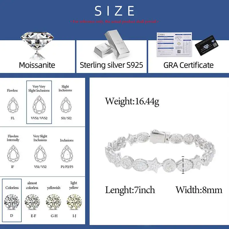 Exquisite Iced Out Moissanite Bracelets for Women Men 925 Sterling Silver 18k Gold Plated Fine Jewelry Star Moon Bracelets Gifts