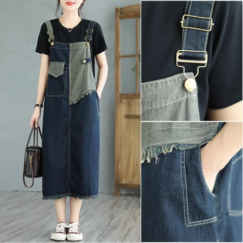 

2024 Trendy Denim Overall Dress for Girl Fashion Stitching Suspender A Line Vintage Jeans Midi Loose Korean Casual Strap Clothes