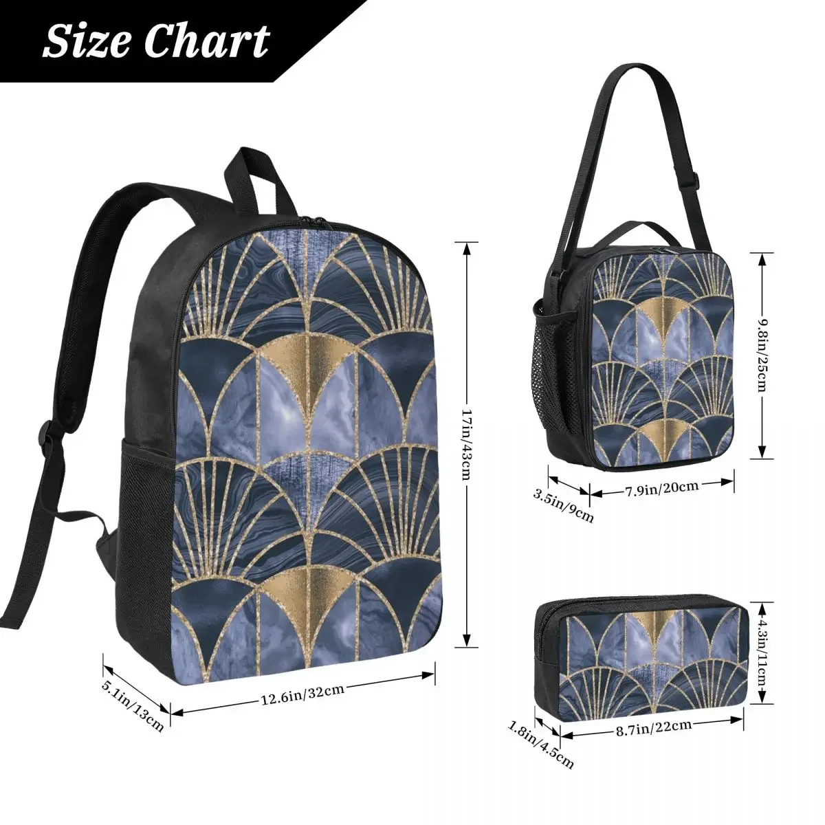Art Deco Splendid Luxury Elegant Retro Design Rose Gold Blue Backpack BookBag School Bag 3ps Insulated Lunch Bag Pencil Case