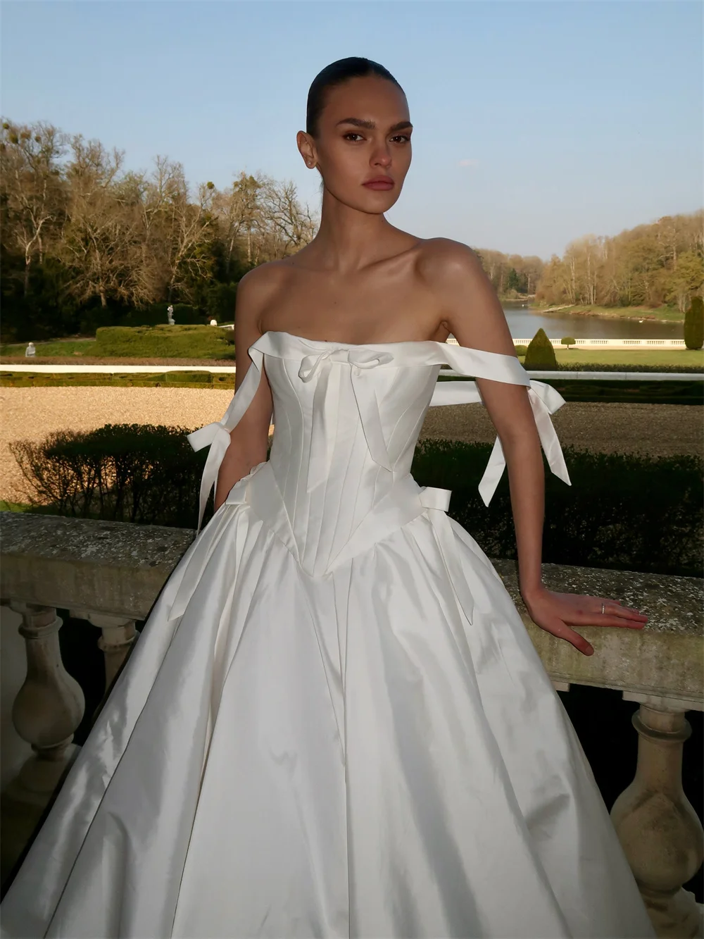 Tokyo Off Shoulder Bow Satin Wedding Dress Basque Waist Bridal Gown Pleated Corset Ball Prom Evening Party Ceremony Outfits 2026
