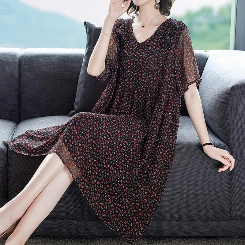 Thời Trang Thanh Lịch Hoa In Ruffles Voan Váy Mùa Hè 2022 Ngắn Tay Áo V-Cổ Áo Thun Lỏng Midi Dress Phụ Nữ Quần Áo