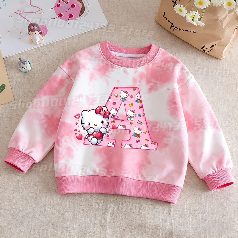 

Cute Kitty Streetwear TShirt Girl Sanrio Letters Anime Print Kids Y2K Kawaii Tie-dye Outdoor Pullover Long Sleeve Spring Clothes
