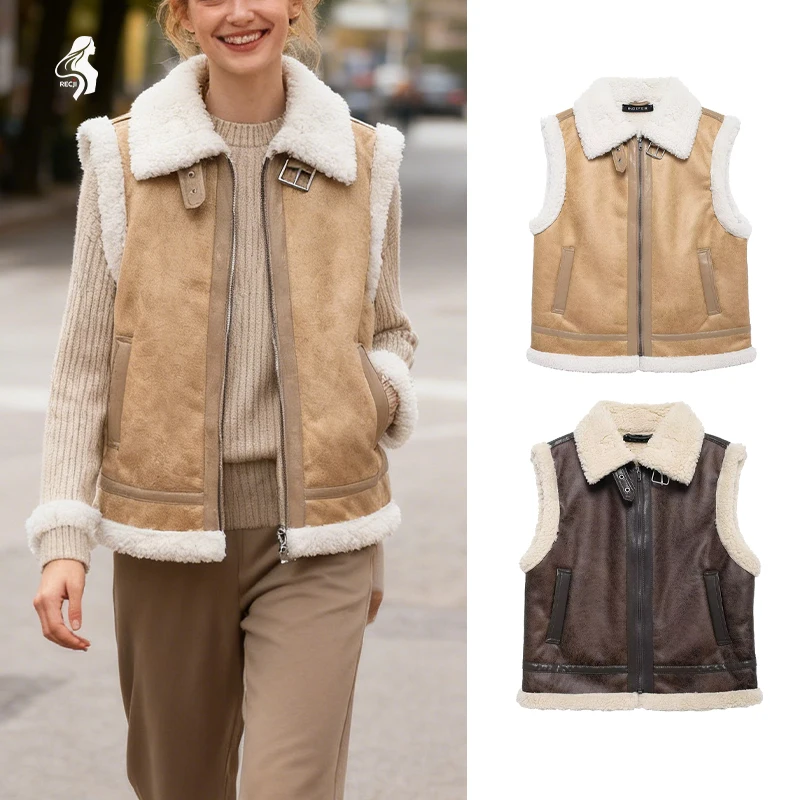 

Модный женский жилет на молнии без рукавов с лацканами и пряжкой на плюшевой подкладке, удобный жилет, многослойная повседневная одежда Trafizaran