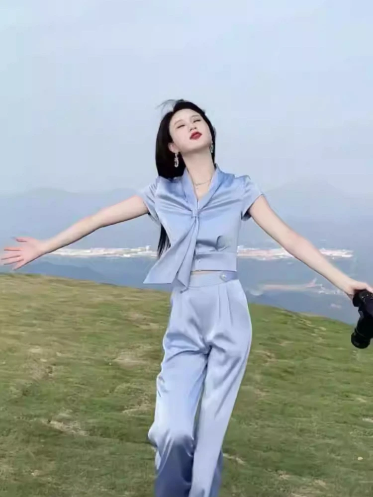 

2025 Summer New Short Sleeve Top High Waist Wide Leg Pants Women Solid Color Luxury Commute Fashion Two Piece Set