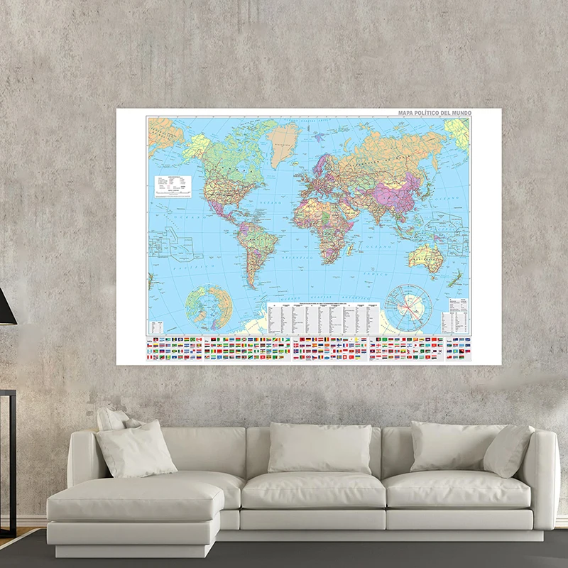 Mapa del mundo del idioma español de 150x100cm con banderas nacionales, póster de pared de ciudades importantes, pintura en lienzo, decoración, suministros escolares