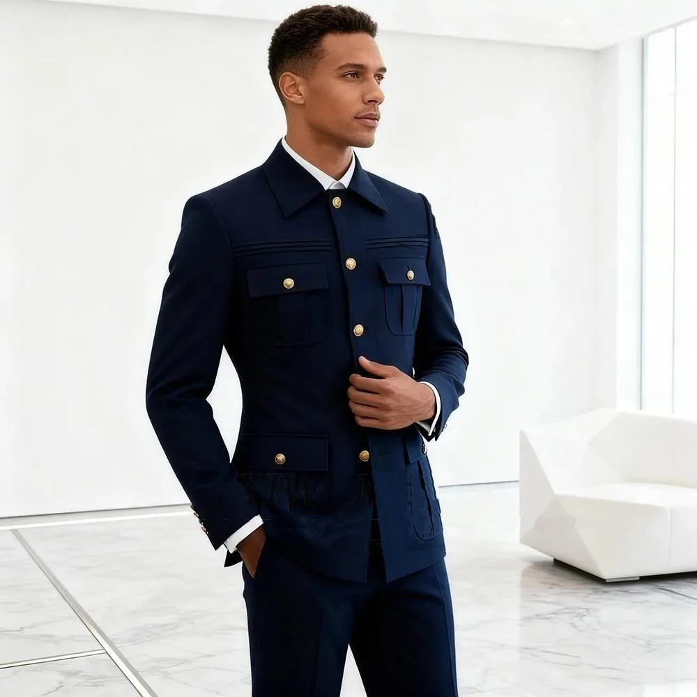 

Fashion Navy Blue African Design Business Men Suits For Wedding 2 Piece Stand Collar Groom Tuxedo Male Jacket Pants Costume Sets