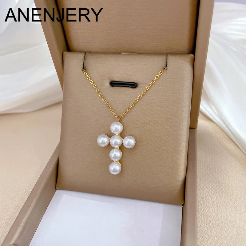 ANENJERY Nachahmung Glanz Perle Kreuz Anhänger Halskette Trendy Pullover Kette Halskette Schmuck Für Sanfte Frauen Party Halsketten