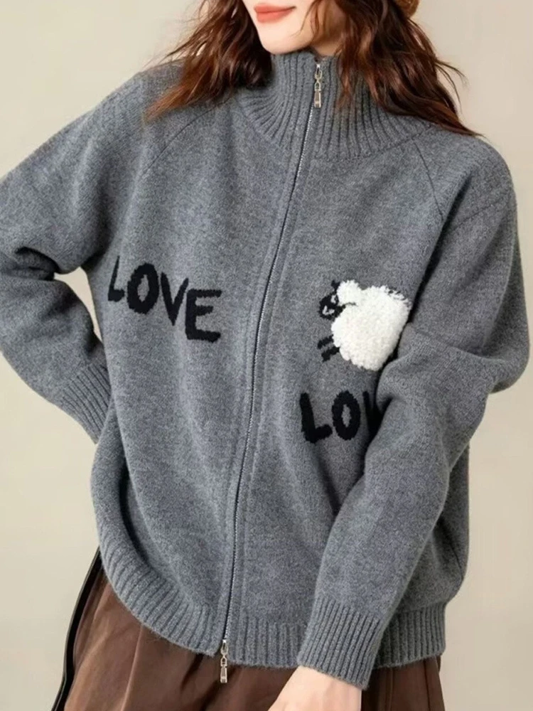 Cute Cartoon Letter Cardigan Women Loose Vintage Stand Collar Kawaii Knitted Sweaters Fall Winter Lazy Wind Sweet Outwear Tops