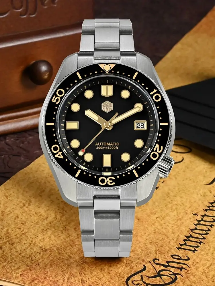 San Martin 44mm MM300 Black Turtle NH35 Men's Watch Mechanical Vintage Sapphire Date Window Gilt Dial 30Bar Reloj Hombre SN0087