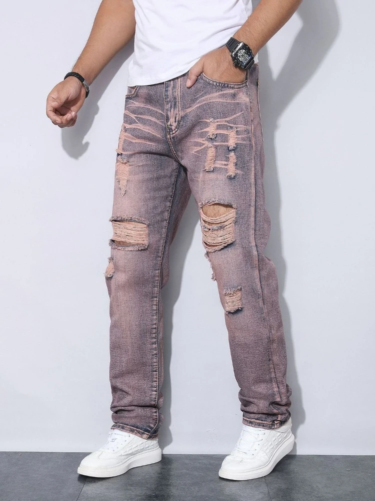Men's Purple Ripped Jeans Streetwear Slim Fit Denim Pants Casual Hip Hop Destroyed Trouser Autumn Winter Fashion