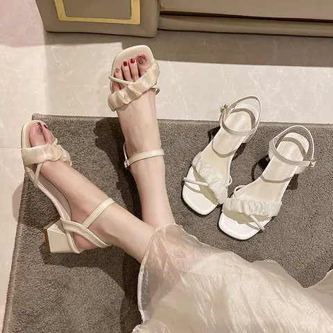 캐주얼 스퀘어 토 오픈 토 버클 스트랩, 심플한 단색, 스퀘어 힐, 미디엄 힐, 패션 샌들, 여름 스타일, 신상