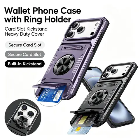 Heavy Duty Shockproof Phone Case for iPhone 17 16 15 14 13 12 11 Pro Max Plus 7 8 Plus, Hard Cover with Metal Kickstand Hidden Dual Card Slot