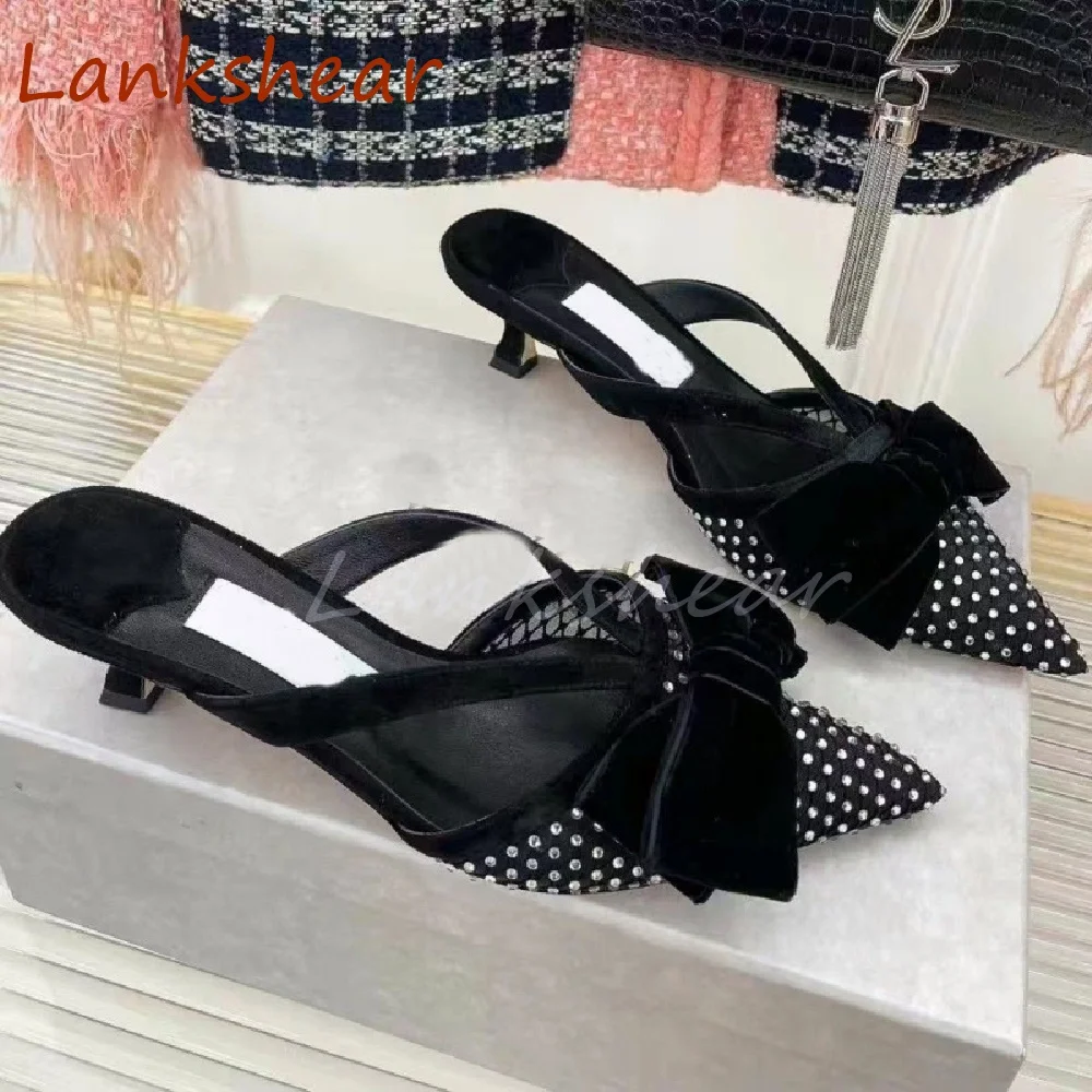 

Butterfly Knot Pointed Toe Women Slippers Thin Heels Solid Fashion Summer Sexy Rhinestone Blingbling Women Shoes New Arrivals